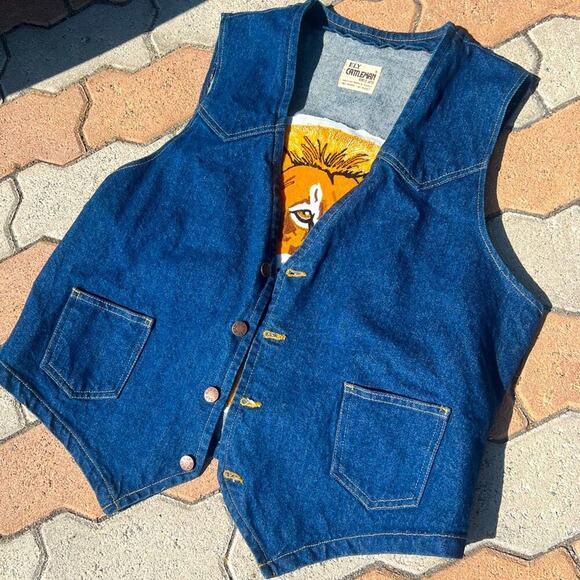 Lion embroidered denim vest Ely Cattleman vintage unisex XL unique western boho - Picture 4 of 6